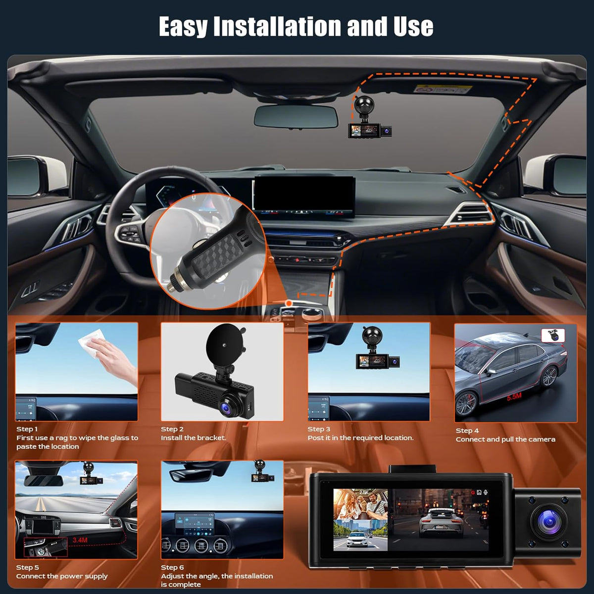 Dashcam Auto – Autocamera – Rijrecorder – Dashcam Set – Achteruitrijcamera – 3-Kanaals met 2,5K Frontcamera, 1080p Interne Camera & 1080p Achtercamera – 3,16 Inch Touchscreen, G-Sensor & App-Bediening