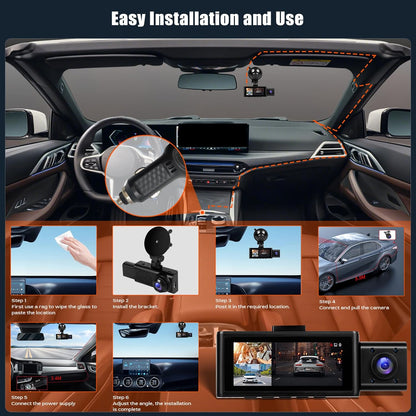 Dashcam Auto – Autocamera – Rijrecorder – Dashcam Set – Achteruitrijcamera – 3-Kanaals met 2,5K Frontcamera, 1080p Interne Camera & 1080p Achtercamera – 3,16 Inch Touchscreen, G-Sensor & App-Bediening
