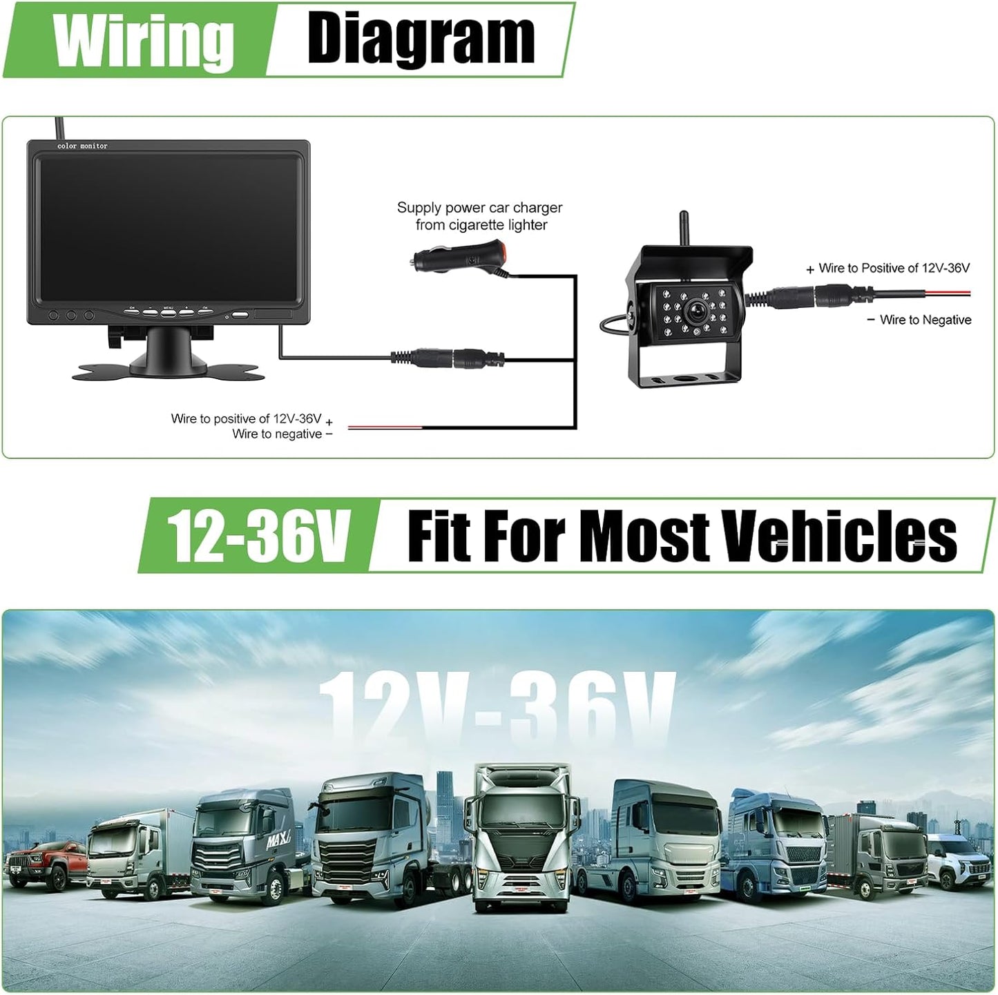 1080P HD draadloze achteruitrijcameraset, 7 inch lcd-monitor met 2 achteruitrijcamera's voor aanhanger, camper, vrachtwagen, auto, bus, doe-het-zelf geleidingslijnen, IP68 waterdicht
