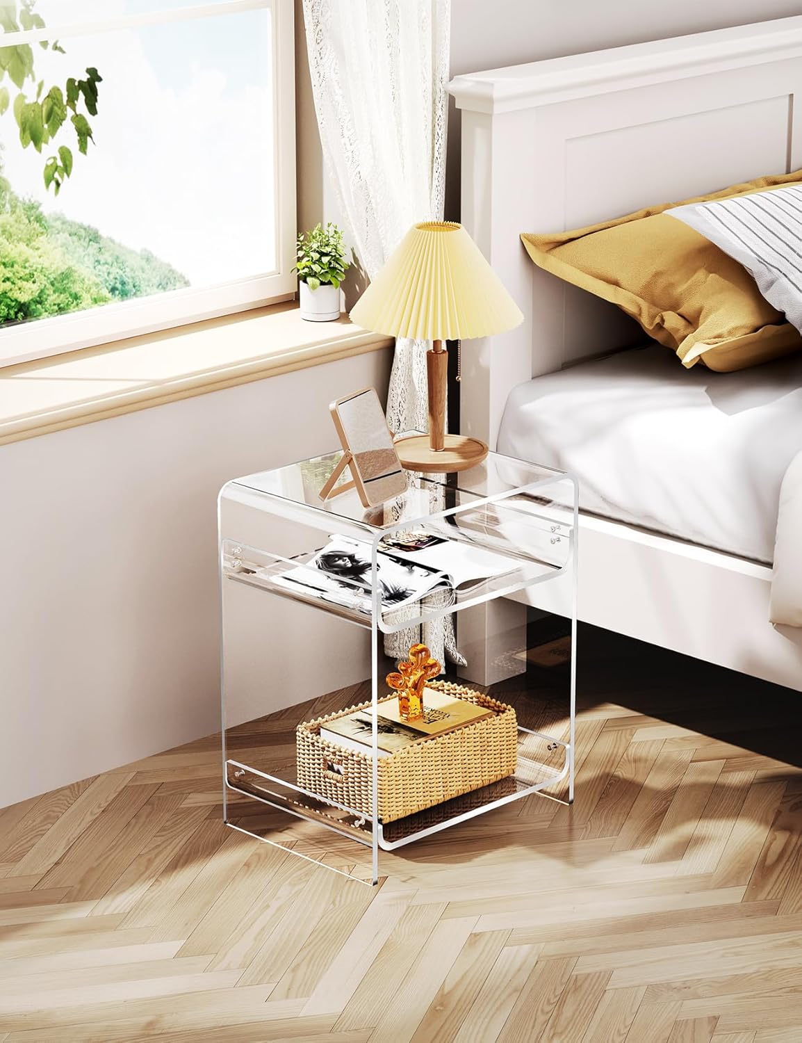 Acryl Platenspeler Tafel Doorzichtig – Bijzettafel – Nachtkastje – Opbergtafel – Opbergplank – 2 Opbergvakken – Stevig Metalen Frame