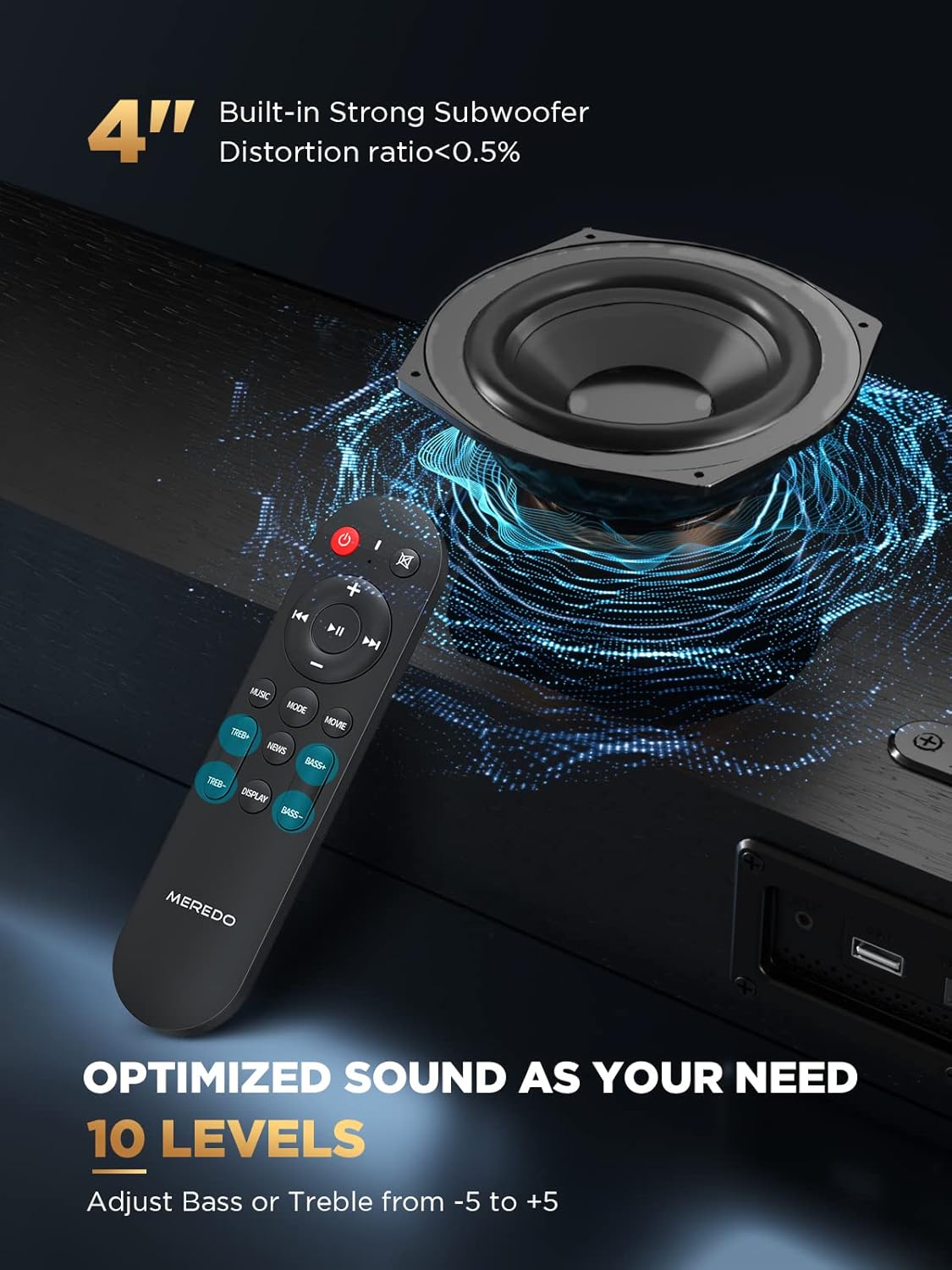 MEREDO Soundbar 2.1 Hout voor tv-toestellen, 150W, soundbar met geïntegreerde subwoofer met ARC-kabel, optisch, AUX, BT, 5 EQ-modi, luidspreker, geluidssysteem voor televisie voor thuisbioscoop, 71cm