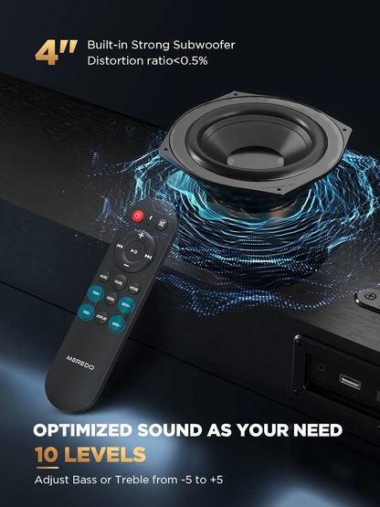 MEREDO Soundbar 2.1 Hout voor tv-toestellen, 150W, soundbar met geïntegreerde subwoofer met ARC-kabel, optisch, AUX, BT, 5 EQ-modi, luidspreker, geluidssysteem voor televisie voor thuisbioscoop, 71cm