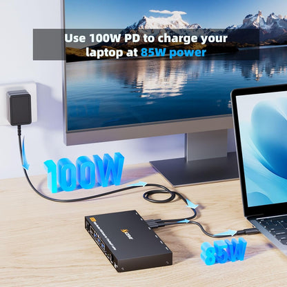 Triple Monitor KVM Switch voor 1 Laptop 1 Desktop, USB 3.1 KVM Switch 2 PC 3 monitoren USB C HDMI DP Delen 4 USB Device Muis, Toetsenbord, 100W PD, 4K @60Hz, MST, bedrade afstandsbediening
