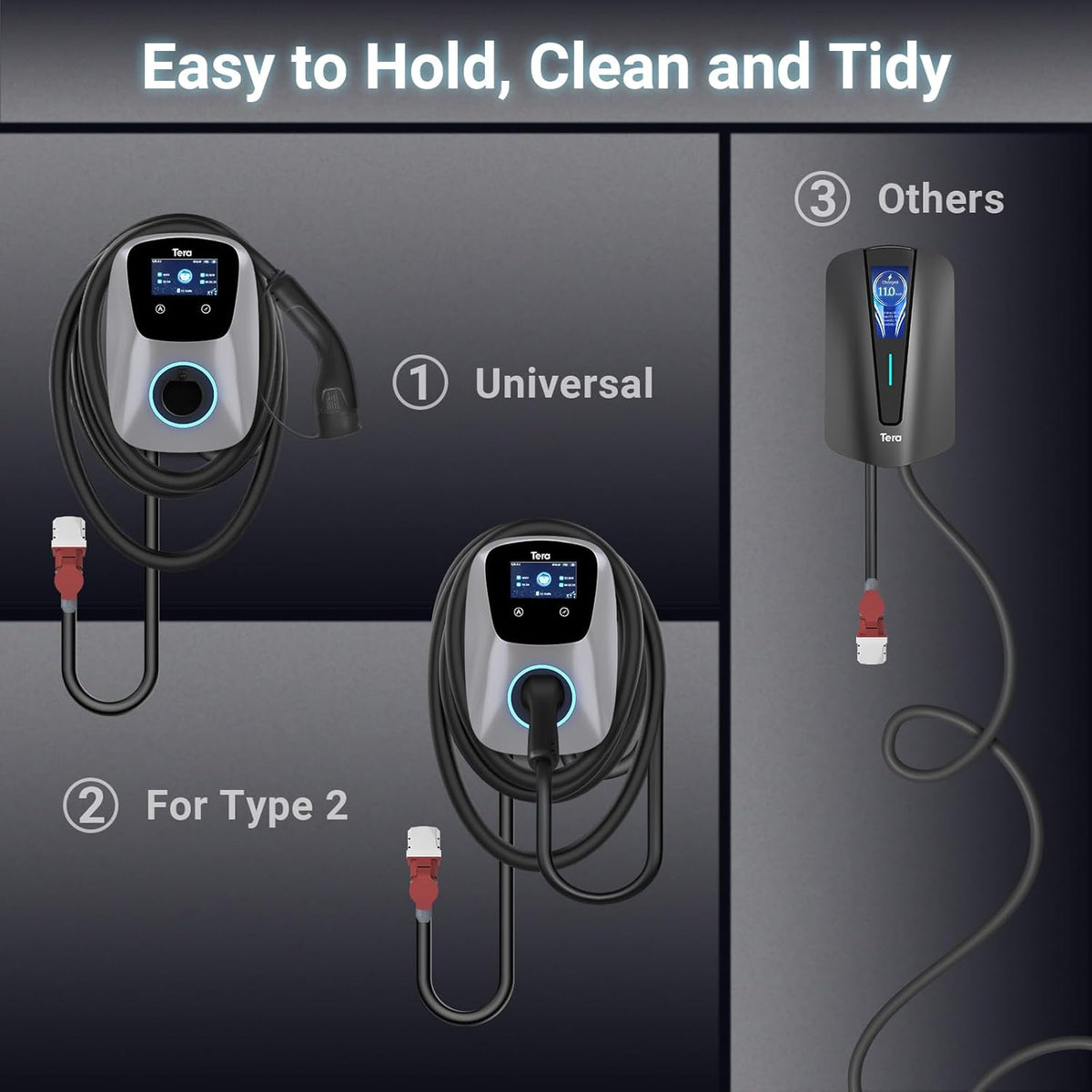 Tera EV oplader Smart APP met 16-32A type 2 22kW of 11kW of 22kW thuis laadstation 400V CE & TÜV Wallbox 7 m oplaadkabel met laderhouder app-besturing CEE 3-fasen stekker W01, zilver