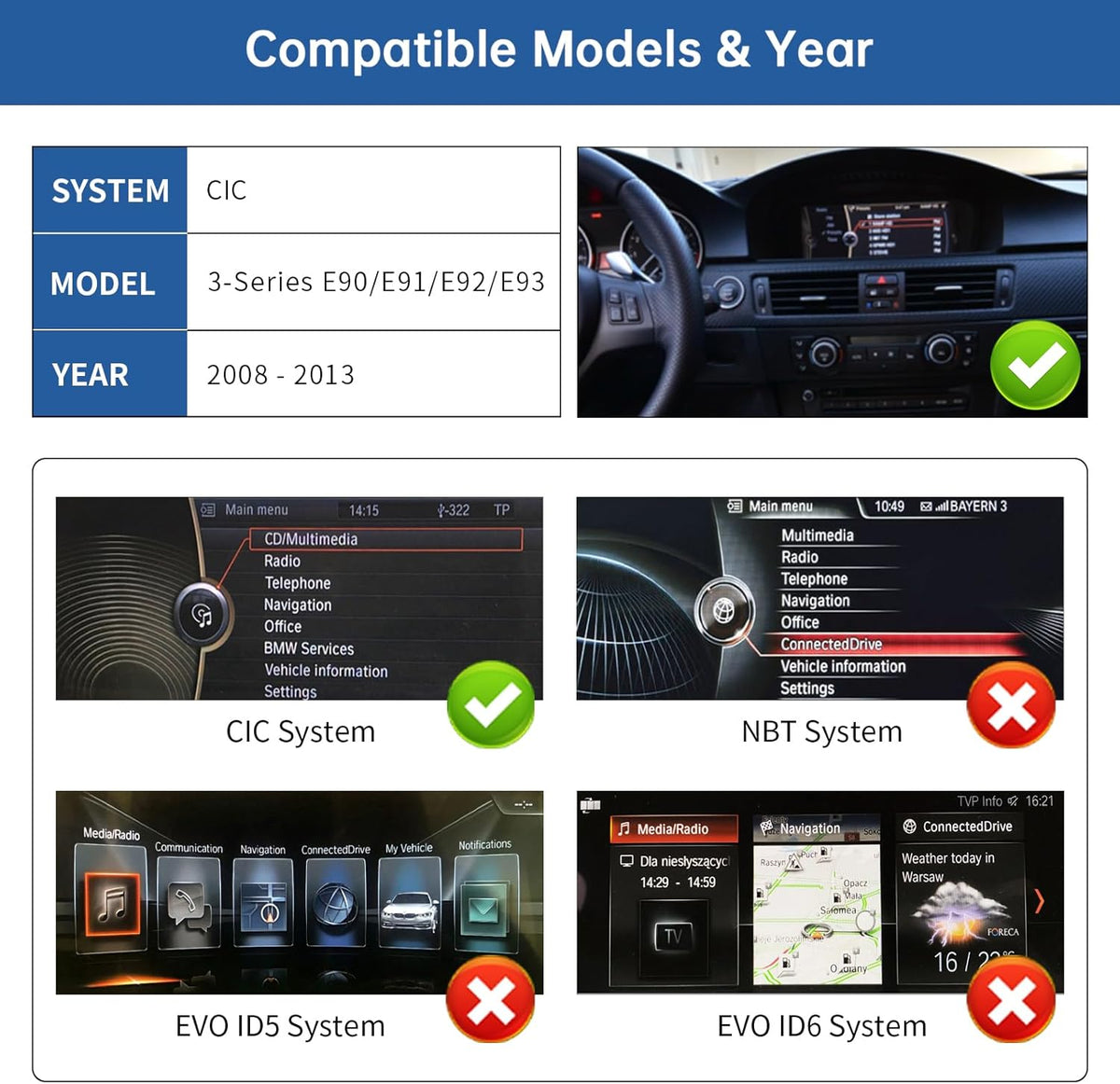 Road Top 12.3 Inch Autoradio Draadloze Carplay Android Auto Touchscreen voor BMW 3er E90/E91/E92/E93 2008-2013 Jaar met CIC Systeem, Car Stereo Multimedia Radio Ontvanger, Ondersteuning Mirrorlink