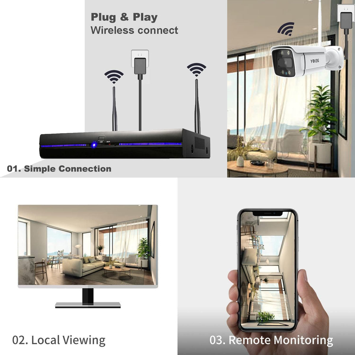 REIGY 3MP Bewakingscamera Systeem Buiten Wifi met Soptlight, Draadloze CCTV Camera System Outdoor, 8CH NVR+ 4x1296P Videobewakingsset met Tweeweg Audio Bewegingssensor, Harde Schijf Niet Inbegrepen