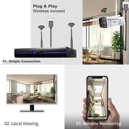 REIGY 3MP Bewakingscamera Systeem Buiten Wifi met Soptlight, Draadloze CCTV Camera System Outdoor, 8CH NVR+ 4x1296P Videobewakingsset met Tweeweg Audio Bewegingssensor, Harde Schijf Niet Inbegrepen