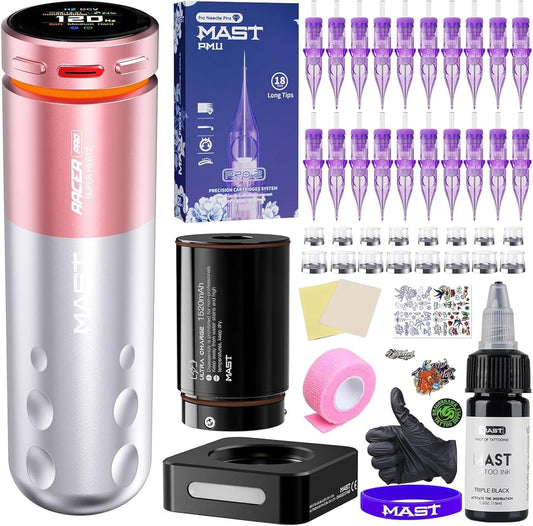 Mast Racer Pro Tattoo Gun Kit Cordless Pen Machine 20 Cartridges Needles 2 Batteries Power Supply Black Ink Complete Set Pink Color