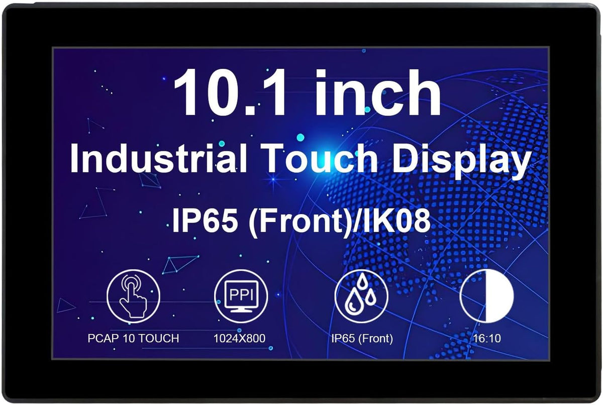 VSDISPLAY 10,1 inch industrieel touchscreen, 1280 x 800, 250 nits, IP65 frontbescherming, 10-punts capacitieve touch, groot temperatuurbereik, metalen structuur