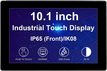 VSDISPLAY 10,1 inch industrieel touchscreen, 1280 x 800, 250 nits, IP65 frontbescherming, 10-punts capacitieve touch, groot temperatuurbereik, metalen structuur