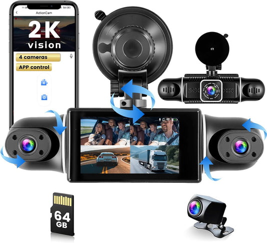 Hikity 4-kanaals dashcam, wifi dashcam 2K voor en 1080p achter binnen links rechts met 3 inch scherm, autocamera met 64 GB kaart wifi, G-sensor, loop-opname, nachtzicht, parkeerbewaking, 360°