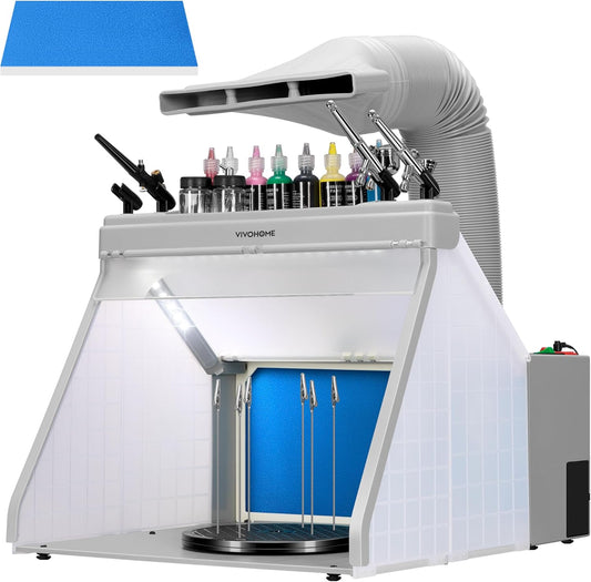 VIVOHOME Draagbare Airbrush Verfspuitcabineset met 3 Led Lampjes Verf- en Spuitpistoolrekken Draaitafel en Filterslang Airbrushcabine Voor het Schilderen van Modelbouw