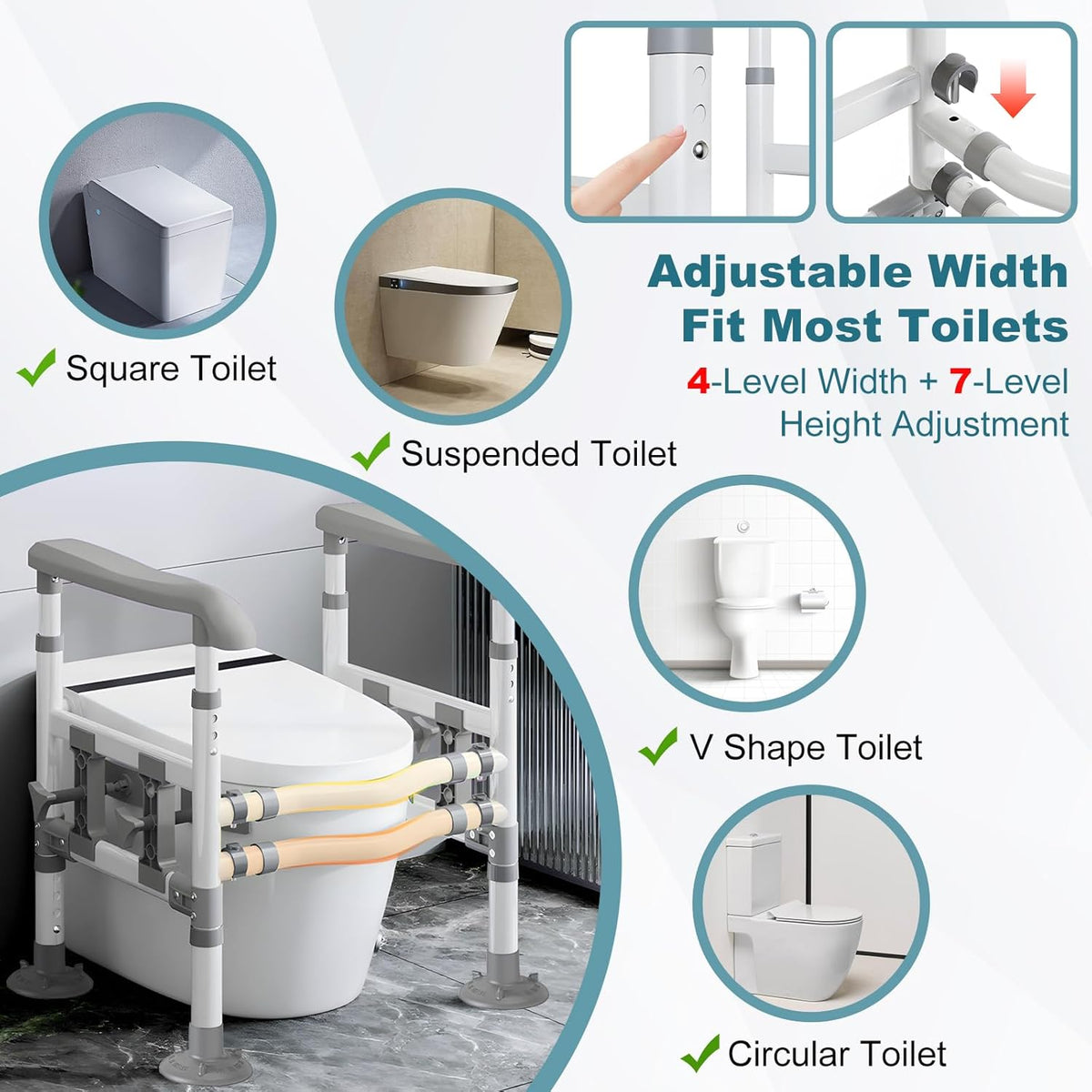 supregear Toiletsteun voor Ouderen en Gehandicapten, in Hoogte en Breedte Verstelbaar, Antislip Handgrepen met Zuignappen, Past op Meeste Toiletten, Eenvoudig te Installeren, Lichtgrijs