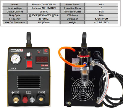 SUSEMSE Plasmasnijder, piloontsteking, 55 ampère, inverter, hoogfrequente plasmasnijder, IGBT inverter, plasmacsnijder, 230 V, snijvermogen max. tot 14 mm, met plasma-snijbrander en sproeierset