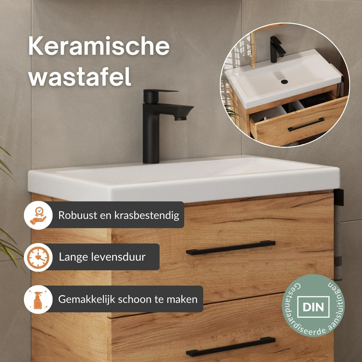 Planetmöbel bathroom furniture set washbasin with vanity unit 63 x 60 x 36.5 cm, mirror cabinet 60 cm with LED lighting (matt black) & socket, with midi cabinet, gold oak - QUORE