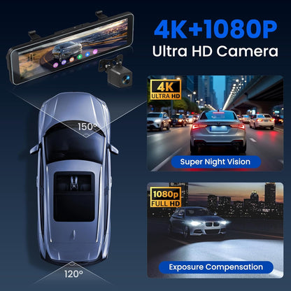 Dashcam – Autocamera, Spiegeldashcam, Auto Camera, Dashcam Auto – Achteruitkijkspiegel Model – 10,1 Inch Touchscreen – 4K Voor En 1080p Achter