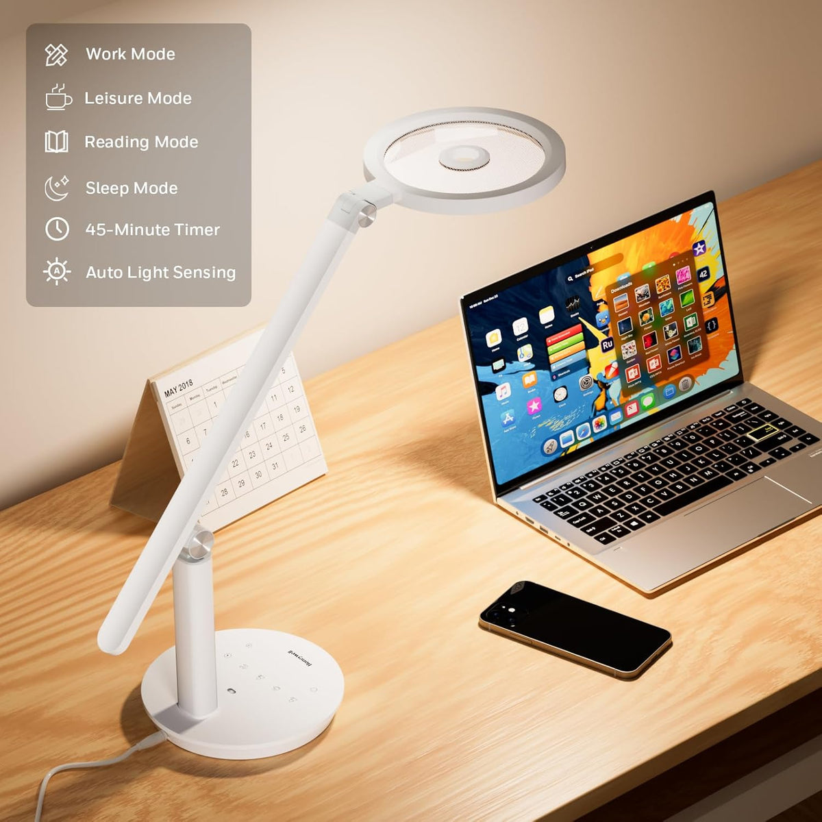 Honeywell Desk Lamp for Home Office, H6 Sunturalux Eye-Caring Led Desk Light, 800LM Dimmable Desk Lamp with Timer, Touch Control Tall Desk Reading Light, Table Lamp for Circle Webcam, Study, Bedroom