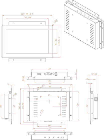 VSDISPLAY 7 inch industriële touchscreen-monitor, IP65 frontplaat, 1024 x 600, 350 nits, capacitieve 10-punts touch, groot temperatuurbereik, aluminium behuizing