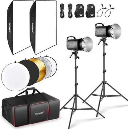 NEEWER 800Ws Studio Monolight Strobe Flash Set: S101-400W PRO 5600K flitslicht Studio met 2,4G trigger/150W instellamp/Bowens Mount/softboxen/standaard/reflector/tas, compatibel met QPRO