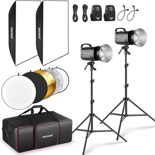 NEEWER 800Ws Studio Monolight Strobe Flash Set: S101-400W PRO 5600K flitslicht Studio met 2,4G trigger/150W instellamp/Bowens Mount/softboxen/standaard/reflector/tas, compatibel met QPRO