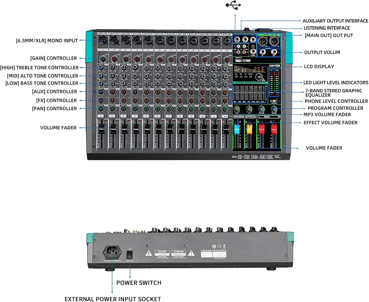 12-Kanaals Audiomixer – Mixer – Mengpaneel – Mengtafel – DJ-Mixer – Bluetooth & USB-Speler – 99 DSP-Reverbeffecten