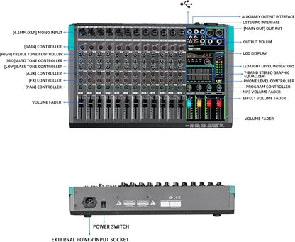 12-Kanaals Audiomixer – Mixer – Mengpaneel – Mengtafel – DJ-Mixer – Bluetooth & USB-Speler – 99 DSP-Reverbeffecten