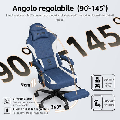 Gaming Stoel – Gamestoel – Bureaustoel – Computerstoel – Werkstoel – Ergonomisch Zitcomfort met Pocketveren en Natuurlijk Latex – Verstelbare Rugleuning en Voetensteun (Blauw)