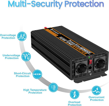 Novopal -2500 W 5000 W omvormer zuivere sinusgolf, stroomomvormer - DC 12 V in AC 220 V 230 V 240 V spanningsomvormer - 2 EU stopcontact met USB-uitgang 5 meter afstandsbediening