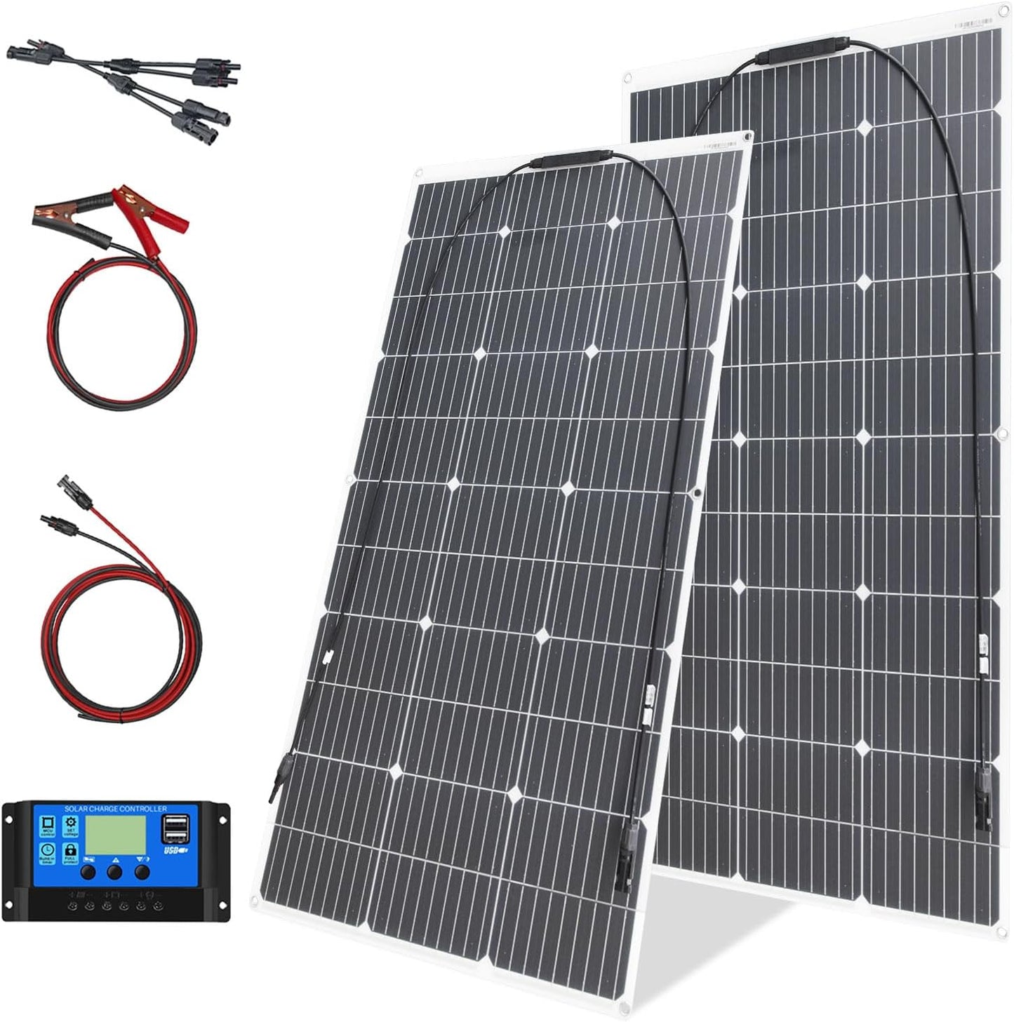 Flexibele Zonnemodule 200W Kit 2×100W 18V Fotovoltaïsche module eenkristal 20A-controller, voor het opladen van 12V-batterijen - stacaravans, caravans, boten, daken (200)