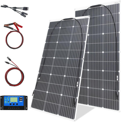 Flexibele Zonnemodule 200W Kit 2×100W 18V Fotovoltaïsche module eenkristal 20A-controller, voor het opladen van 12V-batterijen - stacaravans, caravans, boten, daken (200)