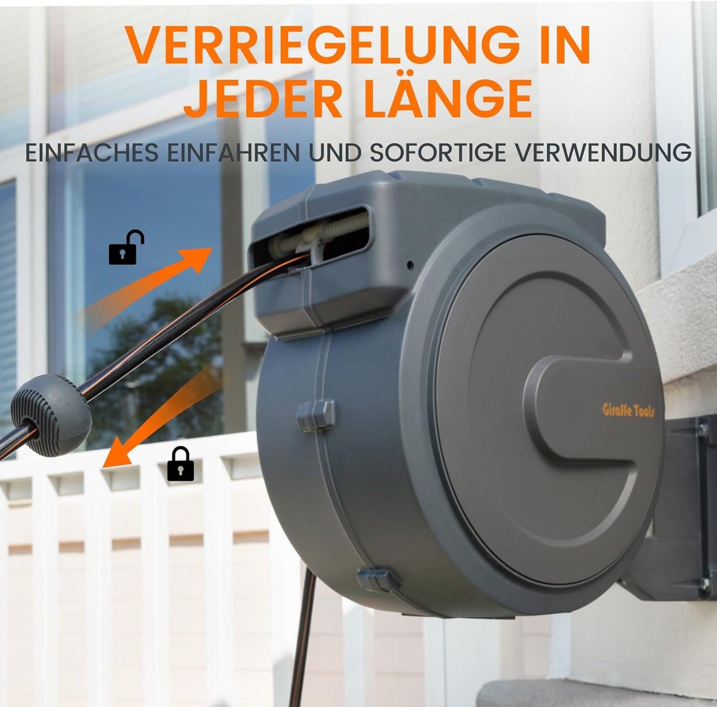 Giraffe Tools Automatische slanghaspel 25 m + 2 m, wandgemonteerde tuinslanghaspel 180° draaibaar met multisproeier en aansluitslang