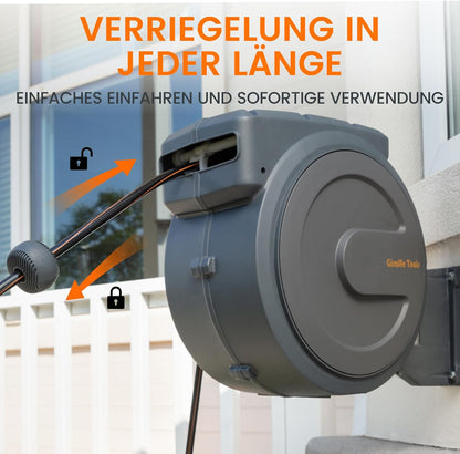 Giraffe Tools Automatische slanghaspel 25 m + 2 m, wandgemonteerde tuinslanghaspel 180° draaibaar met multisproeier en aansluitslang