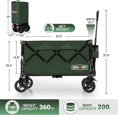 Overmont Opvouwbare bolderkar, inklapbare handwagen, met brede wielen, tot 150 kg draagkracht, voor camping, sport, winkelen, tuin, groen