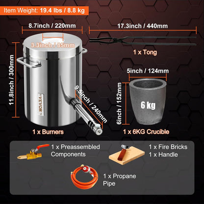 VEVOR Smeltoven, propaan, metaal, smeltoven, 6 kg, roestvrij staal, 1482 graden Celsius, incl. 1 x brander, 1 x pot, smeedset voor koper, aluminium, goud, zilver, enz.