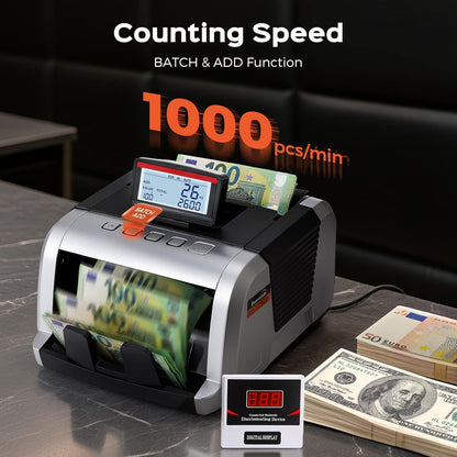 Bonvoisin Bankbiljettenteller, waardemeter voor geordende bankbiljetten met UV/MG/IR-vervalsherkenning, 1000 stuks/min, geldtelmachine met inklapbaar en draaibaar display