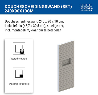 Douchescheiding – Douchewand – Douchepaneel – Scheidingswand – Douche-element – Inclusief Niche – 240 x 90 x 10 cm – 4-delig Met Montagelijm