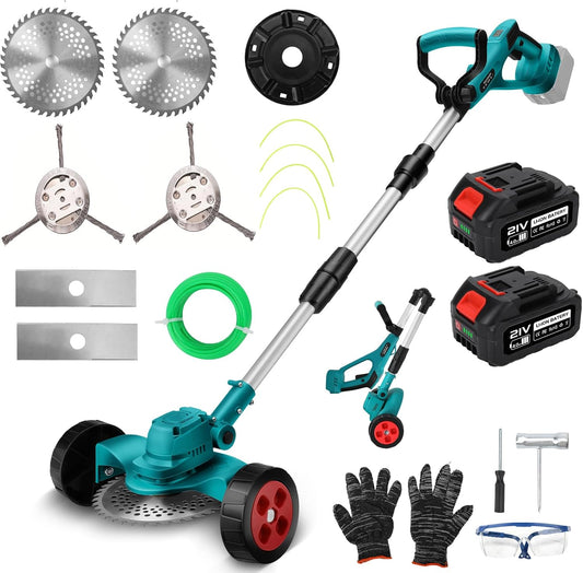 Accu grastrimmer gazonkantensnijder bosmaaier met 21 V 4000 mAh, 4-in-1 onkruidborstel snijbladen, grastrimmerdraad batterij grasmaaier telescopische handgreep voor Makita 18 V met grasmaaiers wielen