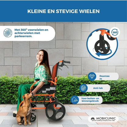 Rolstoel | Opvouwbaar | Aluminium | Rem op hendels | Voetsteun | Armleuningen | Oranje | Model: Piramide | Mobiclinic
