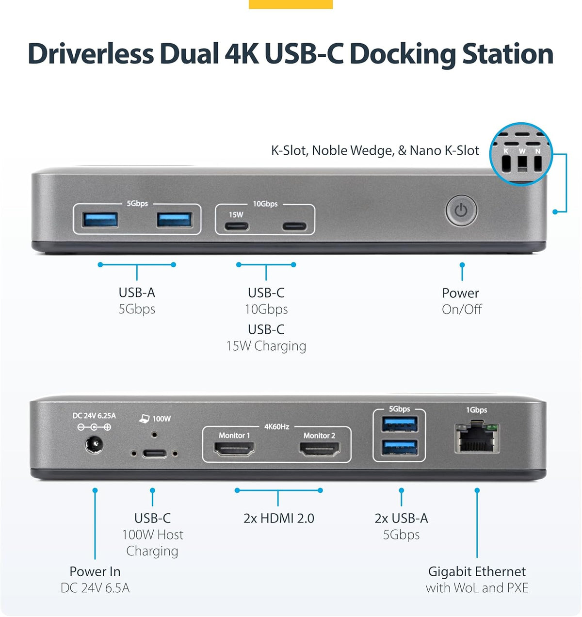 StarTech Dual-Monitor USB-C Docking Station, HDMI, 4K 60Hz, 100W Laptop Charging, 1GbE, Driverless, Multi-Monitor Dock