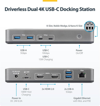 StarTech Dual-Monitor USB-C Docking Station, HDMI, 4K 60Hz, 100W Laptop Charging, 1GbE, Driverless, Multi-Monitor Dock