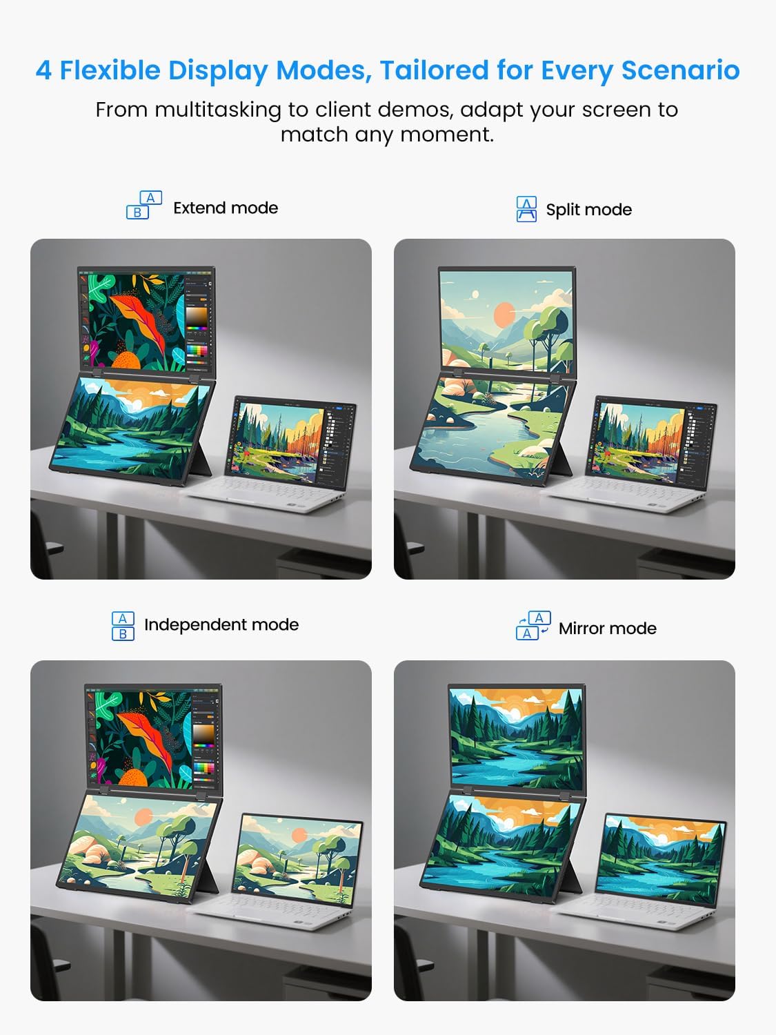 EVICIV Portable Monitor 15.6 inch Foldable Dual Screen 100% sRGB, With Mini HDMI/UBS-C Connection/Integrated Speaker For Laptop/PC/Phone/Game Consoles - QUORE