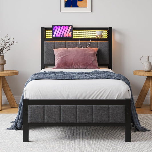 Bedframe met led, laadstation, eenpersoonsbed, logeerbed, metalen bed, gestoffeerd bed, 90 x 200 cm, bedframe van metaal, jeugdbed met lattenbodem, hoofdeinde in grijs, voor slaapkamer en