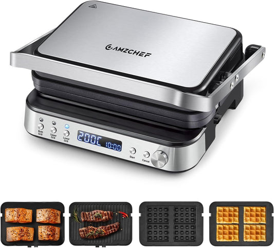 AMZCHEF 4-in-1 machine (contactgrill, Griddle, wafelijzer, sandwichmaker), 2000 W, met 4 afneembare platen met antiaanbaklaag, met vrij instelbare tijd en temperatuur, zwart en zilver