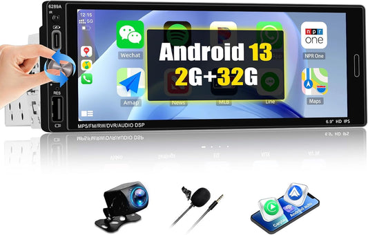OiLiehu 2+32G Android 13 1-DIN Autoradio met Draadloze CarPlay & Android Auto, 6.9" IPS Radio met Scherm