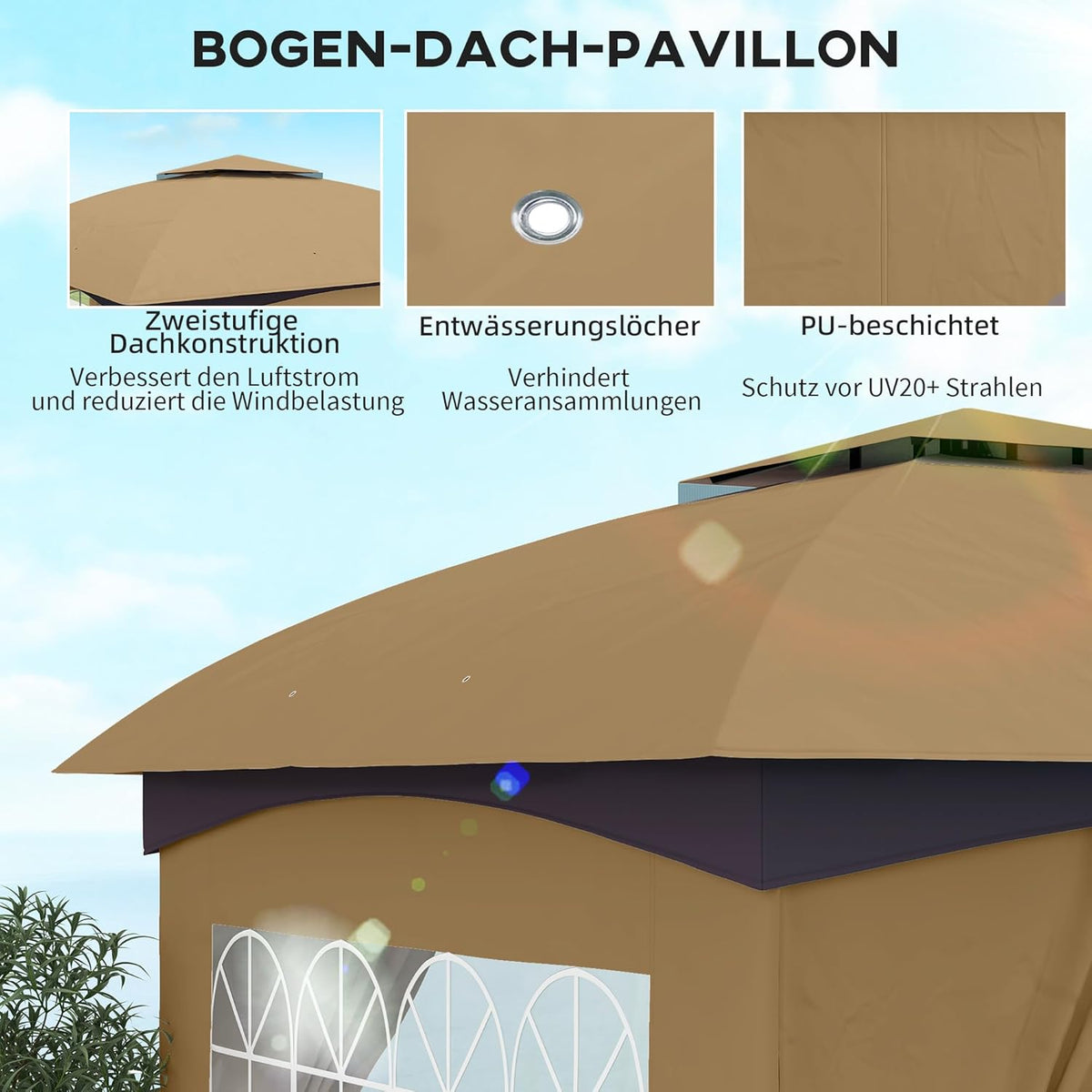 Outsunny Pavillon approx. 3.4x3.4m wasserabweisend Gartenpavillon mit 4 Seitenteilen, Doppeldach, Partyzelt mit UV-Schutz Gartenzelt mit verzinktem Metallrahmen, für Garten Beige - QUORE