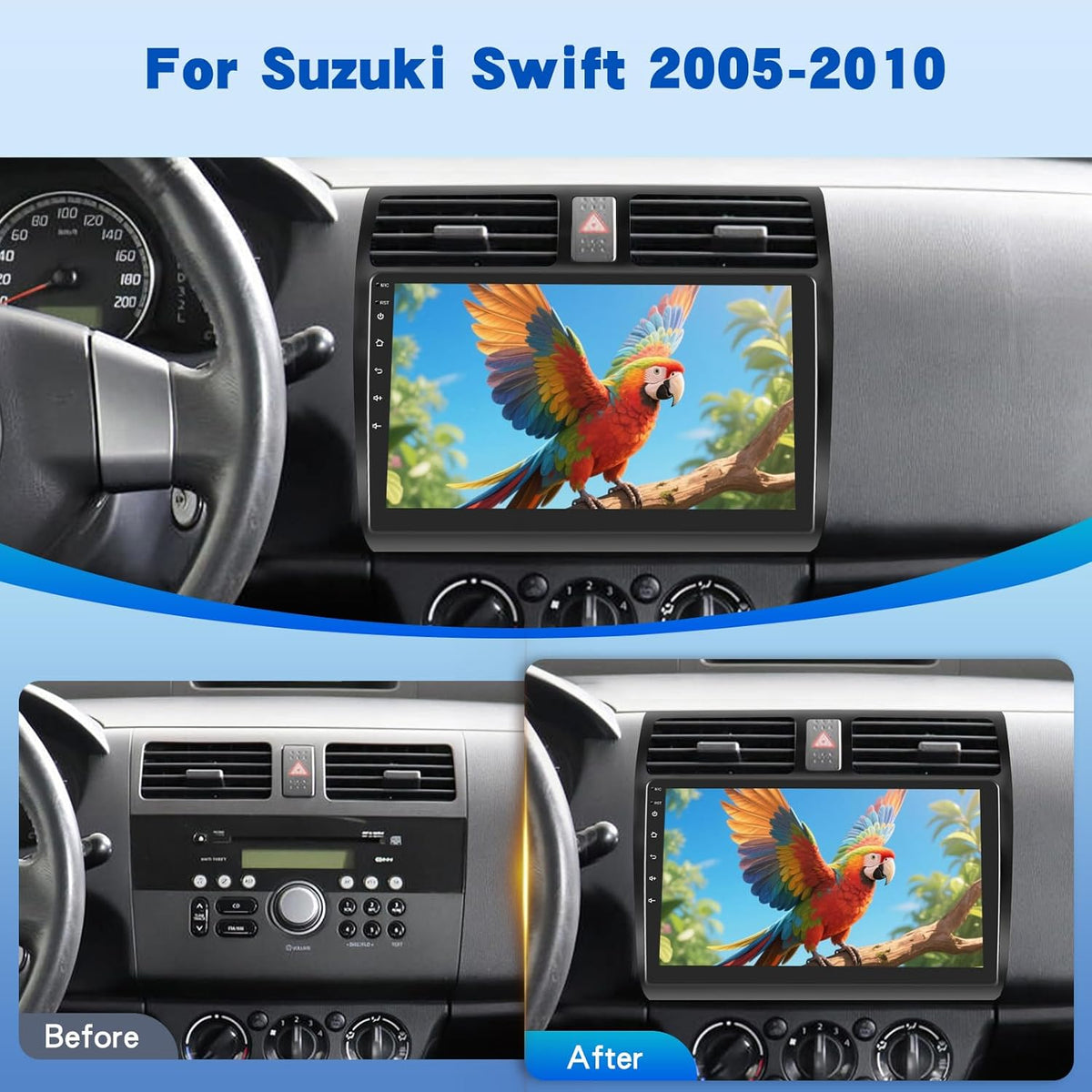 [2G+64G] Android Car Stereo for Suzuki Swift 2005-2010 with Wireless Carplay and Android Auto, 10 inch HD Touch Screen Car Radio with GPS/WiFi/Bluetooth/EQ/FM RDS