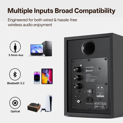 Actieve Boekenplankluidsprekers – 2.0 Speakers, Near-Field Monitoren, Boekenplankspeakers, Actieve Luidsprekers – Zwarte Houten Behuizing – 4 Inch Glasvezelwoofer – Bluetooth 5.4, AUX & Optisch