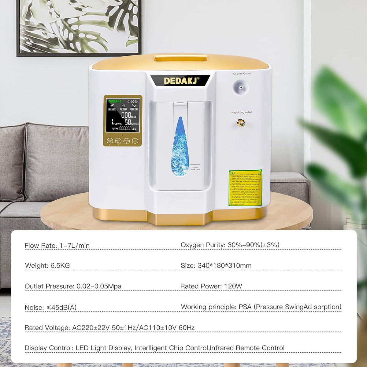 DEDAKJ Zuurstofconcentrator 1-7L/min Regelbare Stroom, Zuurstofconcentraat 93% Hoge Concentratie Vernevelingsfunctie, Zuurstofmachine Geschikt voor Reizen Thuis en Kantoor Gebruik
