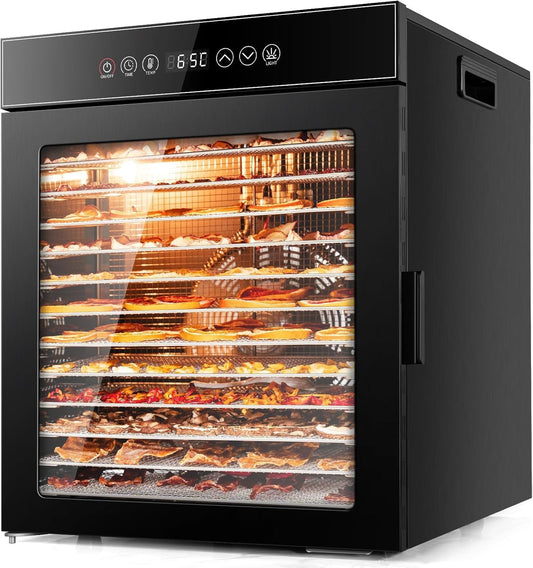 Kwasyo LT-09 Voedseldroger van roestvrij staal, 12 etages, volledig zwart, temperatuurregeling van 30-90 °C, timer 24 uur, receptenboekje voor vlees, groenten, groenten, kruiden, 900 W