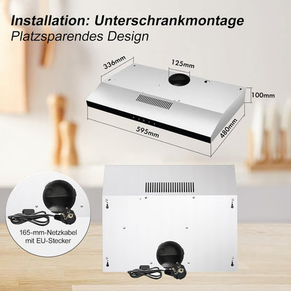 TopStrong afzuigkap 60 cm, onderbouw afzuigkap 60 cm, recirculatie/afvoer, afzuigkap met CF-K actieve koolfilter, 201 m³/h luchtstroom, roestvrijstalen afzuigkap, 3 standen Soft Touch bediening